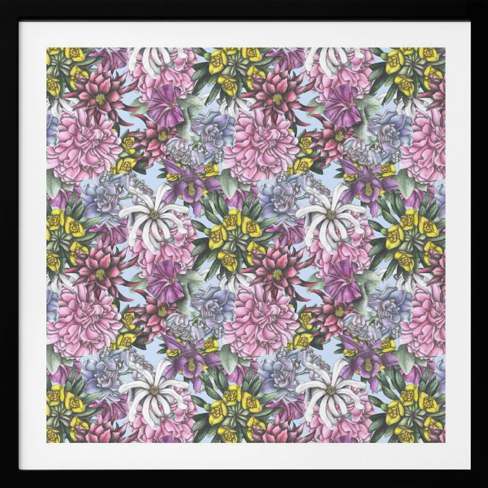A framed artwork displaying a dense, repeating floral pattern with detailed illustrations of pink, purple, blue, white, and yellow flowers on a light blue background, encased in a simple light wood frame. Decor