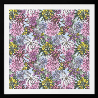 A framed artwork displaying a dense, repeating floral pattern with detailed illustrations of pink, purple, blue, white, and yellow flowers on a light blue background, encased in a simple light wood frame. Decor