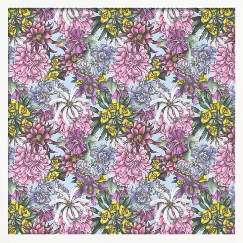 A framed artwork displaying a dense, repeating floral pattern with detailed illustrations of pink, purple, blue, white, and yellow flowers on a light blue background, encased in a simple light wood frame. Decor