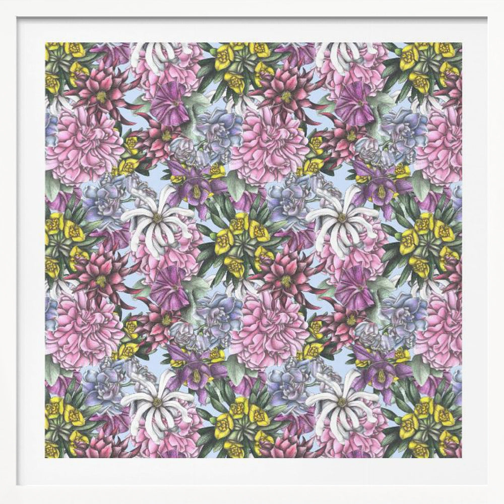 A framed artwork displaying a dense, repeating floral pattern with detailed illustrations of pink, purple, blue, white, and yellow flowers on a light blue background, encased in a simple light wood frame. Decor