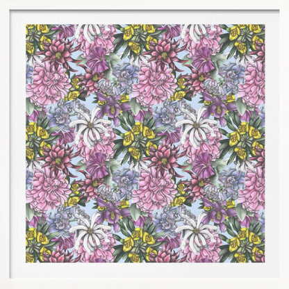 A framed artwork displaying a dense, repeating floral pattern with detailed illustrations of pink, purple, blue, white, and yellow flowers on a light blue background, encased in a simple light wood frame. Decor