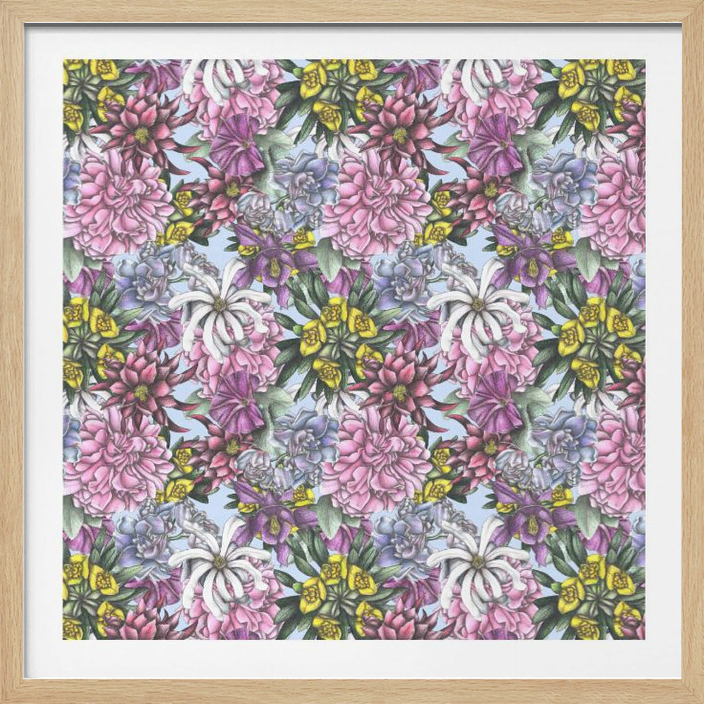 A framed artwork displaying a dense, repeating floral pattern with detailed illustrations of pink, purple, blue, white, and yellow flowers on a light blue background, encased in a simple light wood frame. Decor