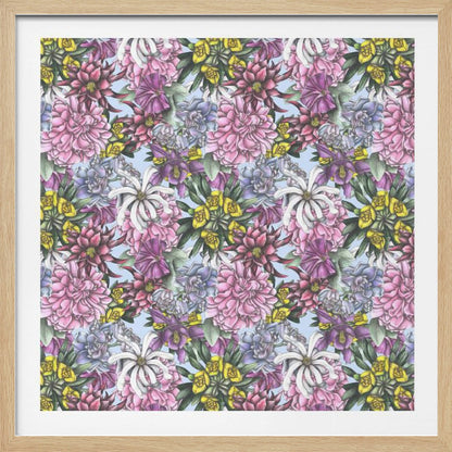 A framed artwork displaying a dense, repeating floral pattern with detailed illustrations of pink, purple, blue, white, and yellow flowers on a light blue background, encased in a simple light wood frame. Decor