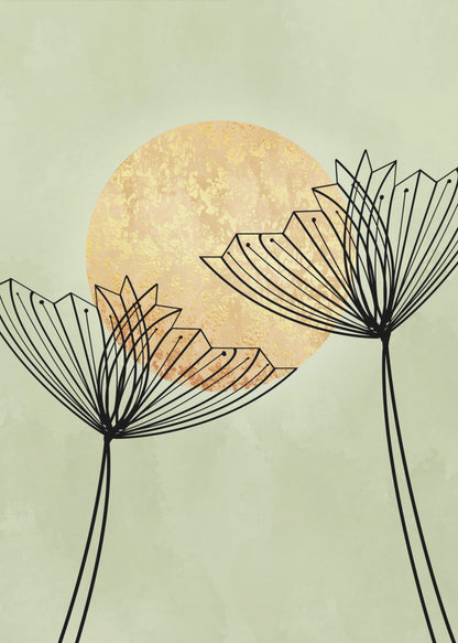 A minimalist botanical artwork featuring two stylized black line-art flowers against a pale sage green background. Behind the flowers is a large, textured golden sun, creating a serene and modern composition. Decor