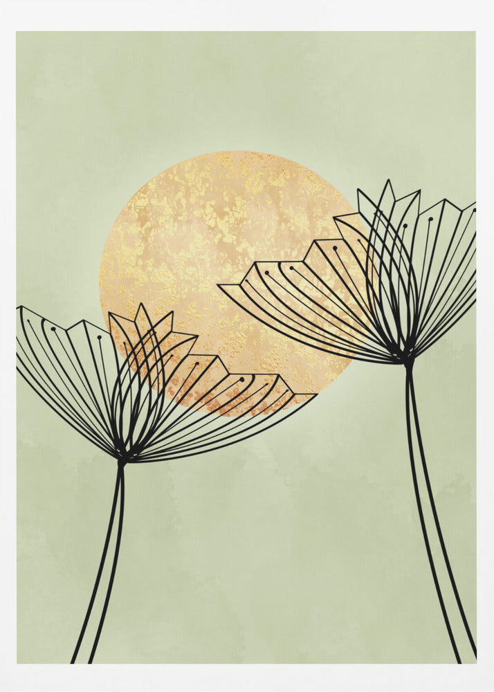 A minimalist botanical artwork featuring two stylized black line-art flowers against a pale sage green background. Behind the flowers is a large, textured golden sun, creating a serene and modern composition. Decor