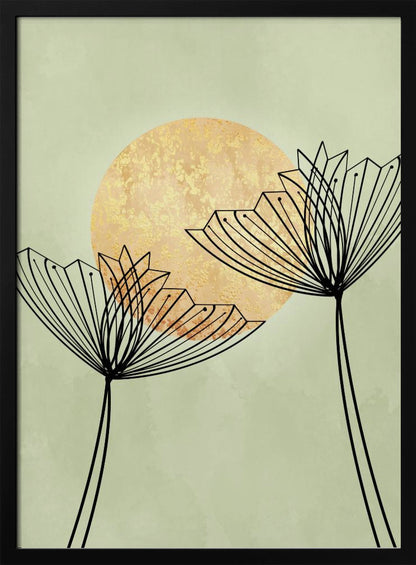 A minimalist botanical artwork featuring two stylized black line-art flowers against a pale sage green background. Behind the flowers is a large, textured golden sun, creating a serene and modern composition. Decor