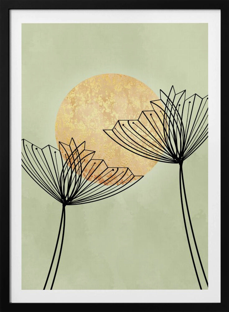 A minimalist botanical artwork featuring two stylized black line-art flowers against a pale sage green background. Behind the flowers is a large, textured golden sun, creating a serene and modern composition. Decor