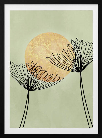 A minimalist botanical artwork featuring two stylized black line-art flowers against a pale sage green background. Behind the flowers is a large, textured golden sun, creating a serene and modern composition. Decor