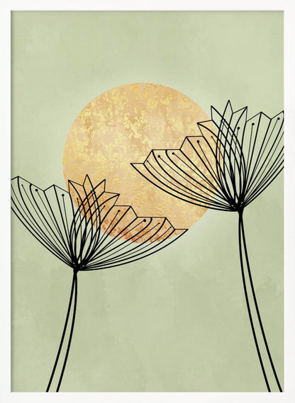A minimalist botanical artwork featuring two stylized black line-art flowers against a pale sage green background. Behind the flowers is a large, textured golden sun, creating a serene and modern composition. Decor