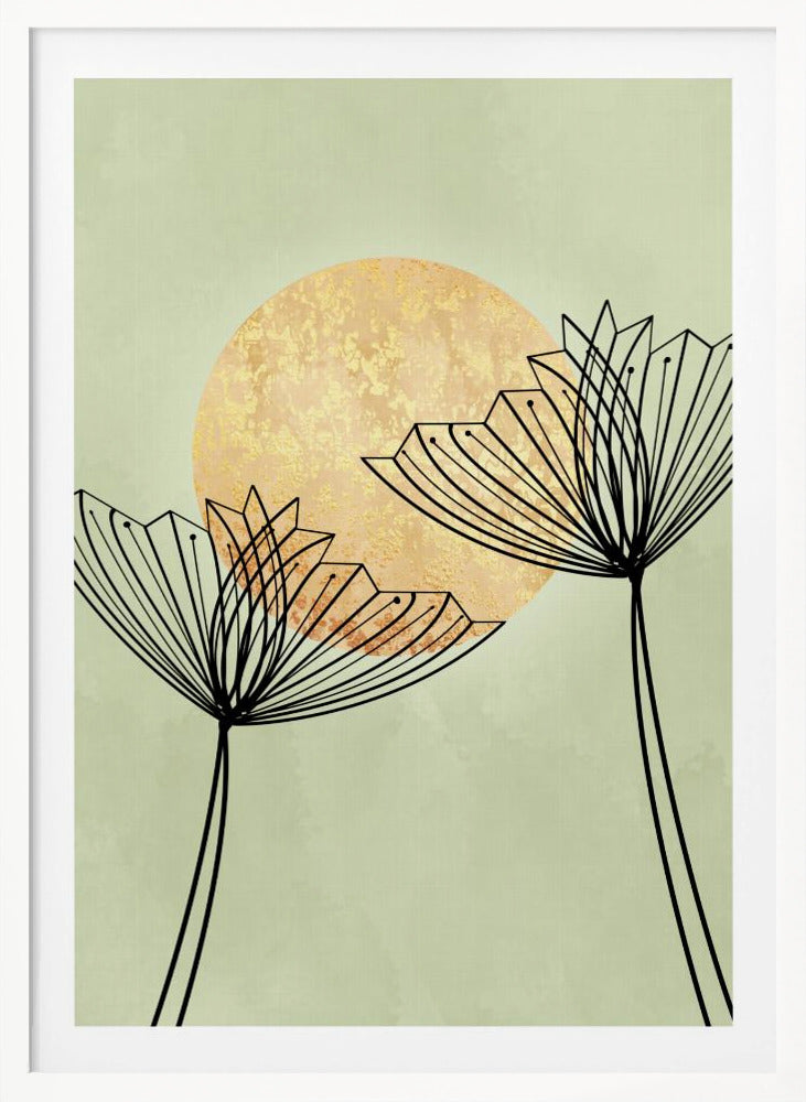A minimalist botanical artwork featuring two stylized black line-art flowers against a pale sage green background. Behind the flowers is a large, textured golden sun, creating a serene and modern composition. Decor