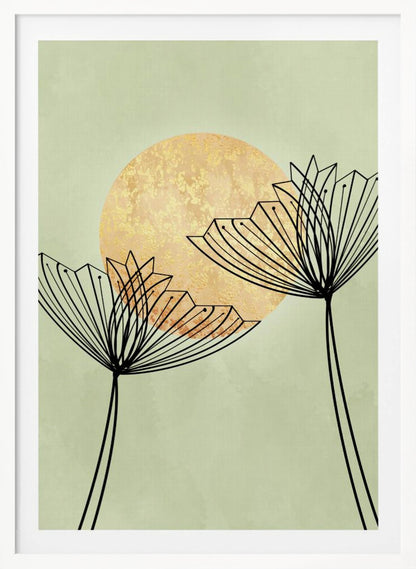 A minimalist botanical artwork featuring two stylized black line-art flowers against a pale sage green background. Behind the flowers is a large, textured golden sun, creating a serene and modern composition. Decor
