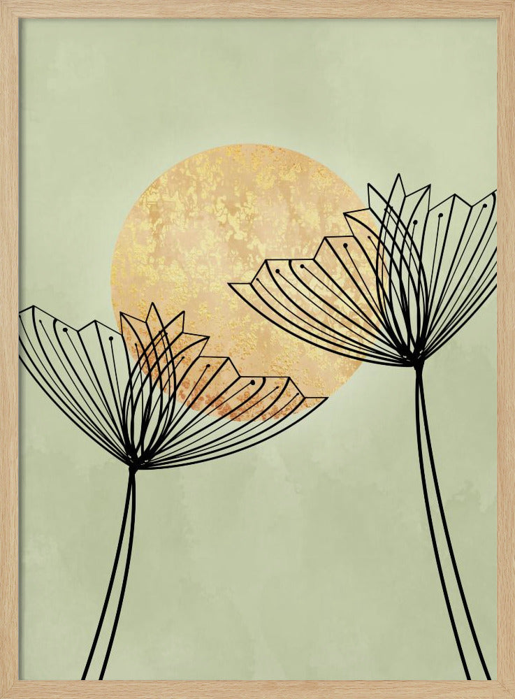 A minimalist botanical artwork featuring two stylized black line-art flowers against a pale sage green background. Behind the flowers is a large, textured golden sun, creating a serene and modern composition. Decor