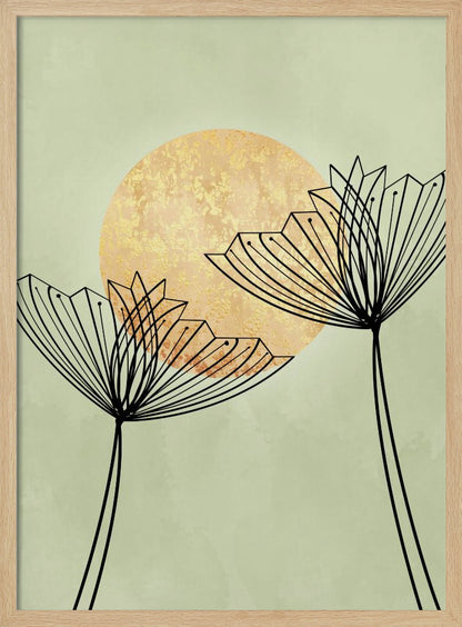 A minimalist botanical artwork featuring two stylized black line-art flowers against a pale sage green background. Behind the flowers is a large, textured golden sun, creating a serene and modern composition. Decor