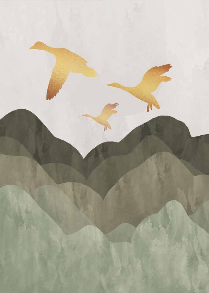 A minimalist art print of three golden bird silhouettes flying over a stylized landscape of layered mountains in muted shades of green and brown, set against a light grey, textured sky and enclosed in a thin black frame. Print