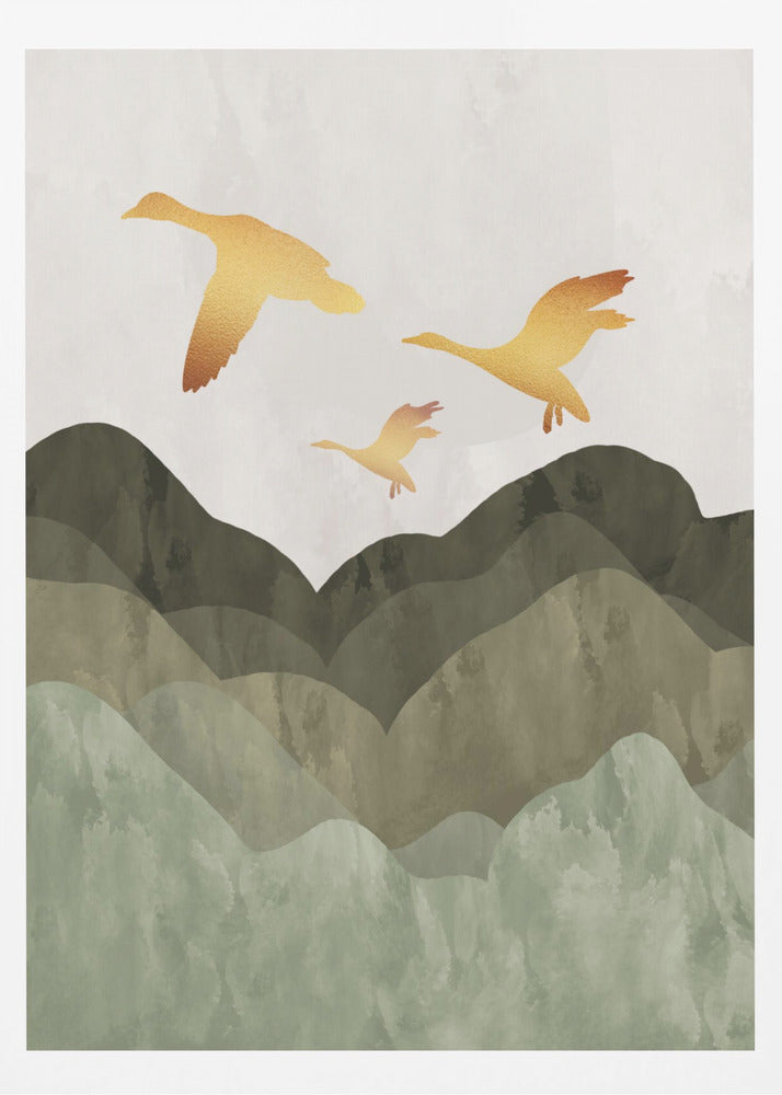 A minimalist art print of three golden bird silhouettes flying over a stylized landscape of layered mountains in muted shades of green and brown, set against a light grey, textured sky and enclosed in a thin black frame. Print