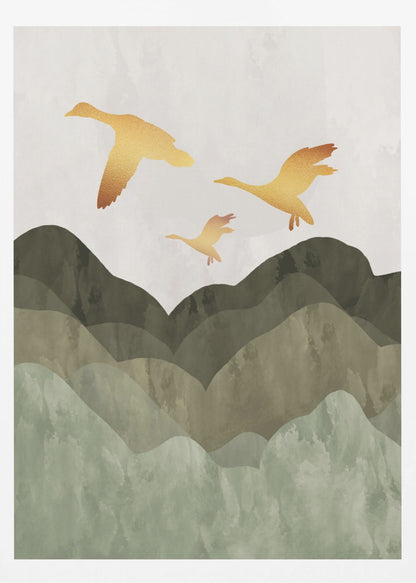 A minimalist art print of three golden bird silhouettes flying over a stylized landscape of layered mountains in muted shades of green and brown, set against a light grey, textured sky and enclosed in a thin black frame. Print