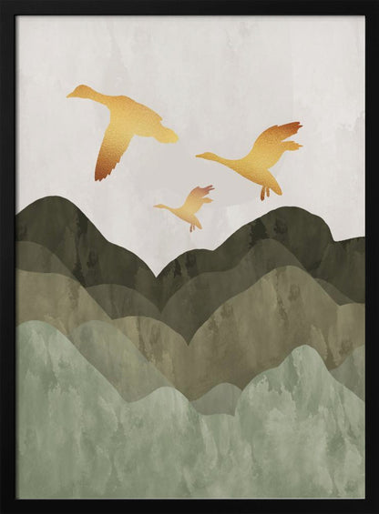 A minimalist art print of three golden bird silhouettes flying over a stylized landscape of layered mountains in muted shades of green and brown, set against a light grey, textured sky and enclosed in a thin black frame. Print
