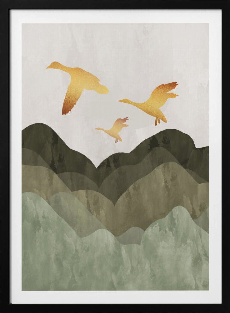 A minimalist art print of three golden bird silhouettes flying over a stylized landscape of layered mountains in muted shades of green and brown, set against a light grey, textured sky and enclosed in a thin black frame. Print