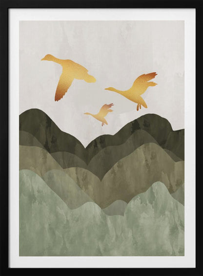 A minimalist art print of three golden bird silhouettes flying over a stylized landscape of layered mountains in muted shades of green and brown, set against a light grey, textured sky and enclosed in a thin black frame. Print
