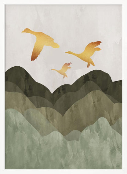 A minimalist art print of three golden bird silhouettes flying over a stylized landscape of layered mountains in muted shades of green and brown, set against a light grey, textured sky and enclosed in a thin black frame. Print
