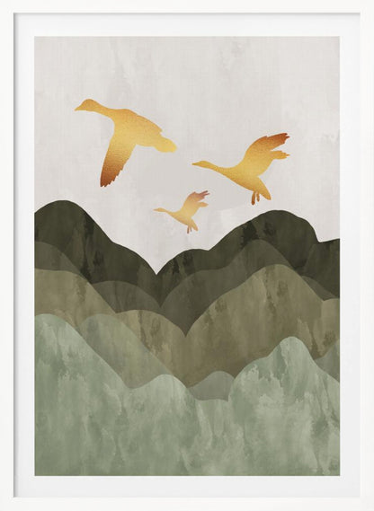 A minimalist art print of three golden bird silhouettes flying over a stylized landscape of layered mountains in muted shades of green and brown, set against a light grey, textured sky and enclosed in a thin black frame. Print