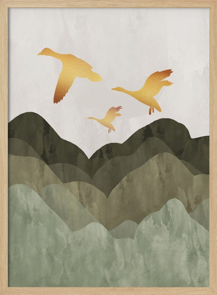 A minimalist art print of three golden bird silhouettes flying over a stylized landscape of layered mountains in muted shades of green and brown, set against a light grey, textured sky and enclosed in a thin black frame. Print