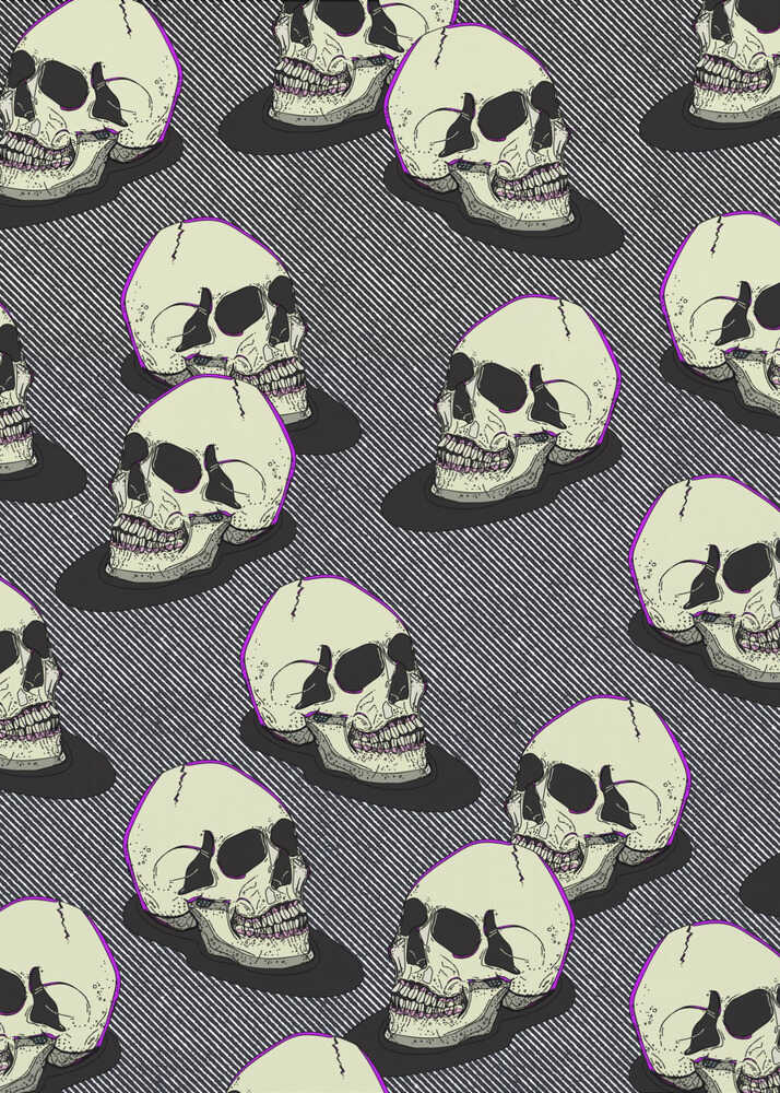 A graphic art print in a black frame featuring a repeating pattern of stylized off-white skulls. The skulls have a thin purple outline and are set against a background of fine black and white diagonal stripes, creating a pop art or comic book effect. Wall Art