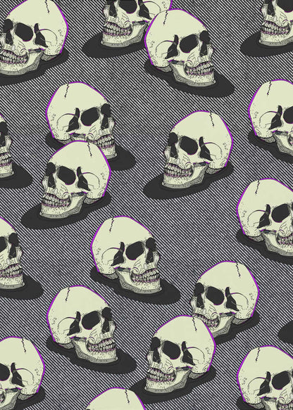 A graphic art print in a black frame featuring a repeating pattern of stylized off-white skulls. The skulls have a thin purple outline and are set against a background of fine black and white diagonal stripes, creating a pop art or comic book effect. Wall Art