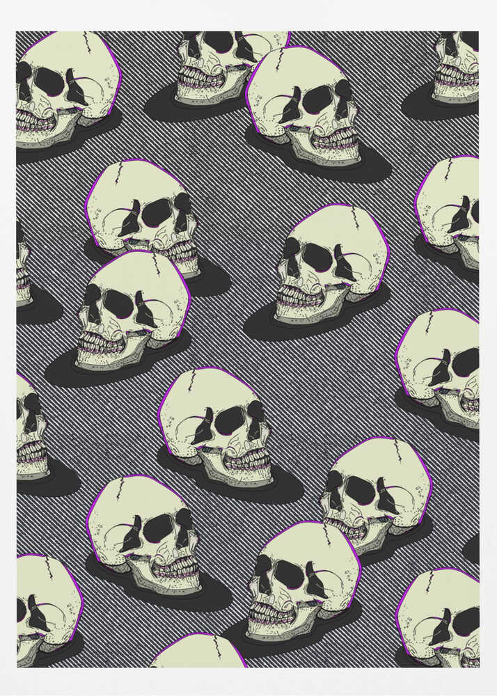 A graphic art print in a black frame featuring a repeating pattern of stylized off-white skulls. The skulls have a thin purple outline and are set against a background of fine black and white diagonal stripes, creating a pop art or comic book effect. Wall Art