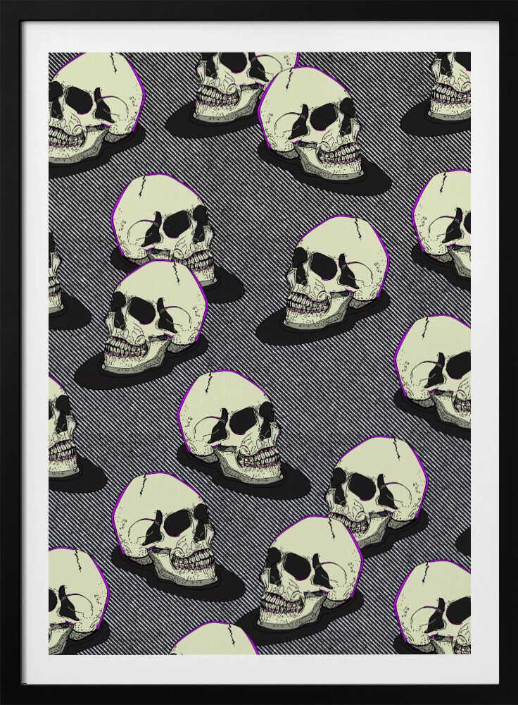 A graphic art print in a black frame featuring a repeating pattern of stylized off-white skulls. The skulls have a thin purple outline and are set against a background of fine black and white diagonal stripes, creating a pop art or comic book effect. Wall Art