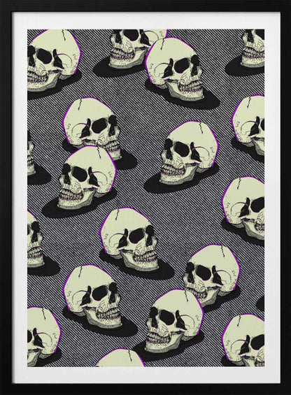 A graphic art print in a black frame featuring a repeating pattern of stylized off-white skulls. The skulls have a thin purple outline and are set against a background of fine black and white diagonal stripes, creating a pop art or comic book effect. Wall Art