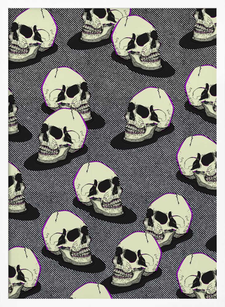A graphic art print in a black frame featuring a repeating pattern of stylized off-white skulls. The skulls have a thin purple outline and are set against a background of fine black and white diagonal stripes, creating a pop art or comic book effect. Wall Art