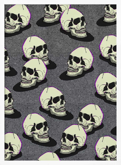 A graphic art print in a black frame featuring a repeating pattern of stylized off-white skulls. The skulls have a thin purple outline and are set against a background of fine black and white diagonal stripes, creating a pop art or comic book effect. Wall Art