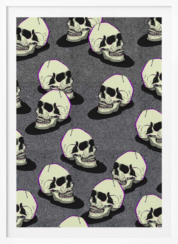 A graphic art print in a black frame featuring a repeating pattern of stylized off-white skulls. The skulls have a thin purple outline and are set against a background of fine black and white diagonal stripes, creating a pop art or comic book effect. Wall Art