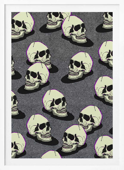 A graphic art print in a black frame featuring a repeating pattern of stylized off-white skulls. The skulls have a thin purple outline and are set against a background of fine black and white diagonal stripes, creating a pop art or comic book effect. Wall Art