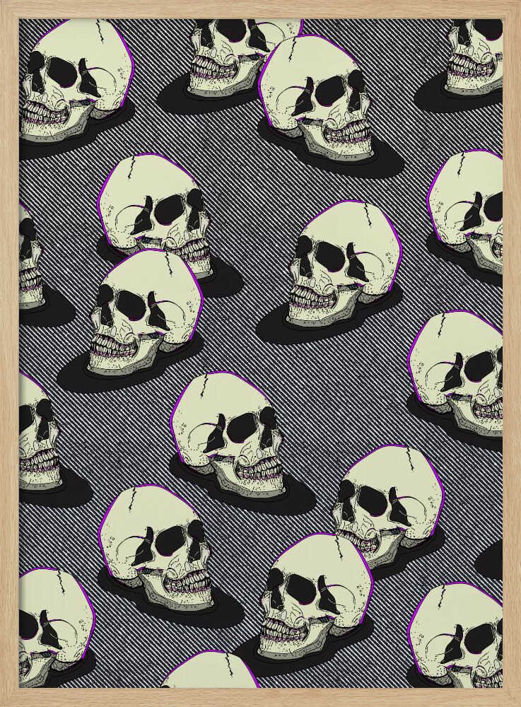 A graphic art print in a black frame featuring a repeating pattern of stylized off-white skulls. The skulls have a thin purple outline and are set against a background of fine black and white diagonal stripes, creating a pop art or comic book effect. Wall Art