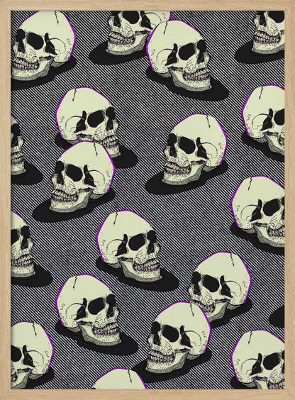 A graphic art print in a black frame featuring a repeating pattern of stylized off-white skulls. The skulls have a thin purple outline and are set against a background of fine black and white diagonal stripes, creating a pop art or comic book effect. Wall Art