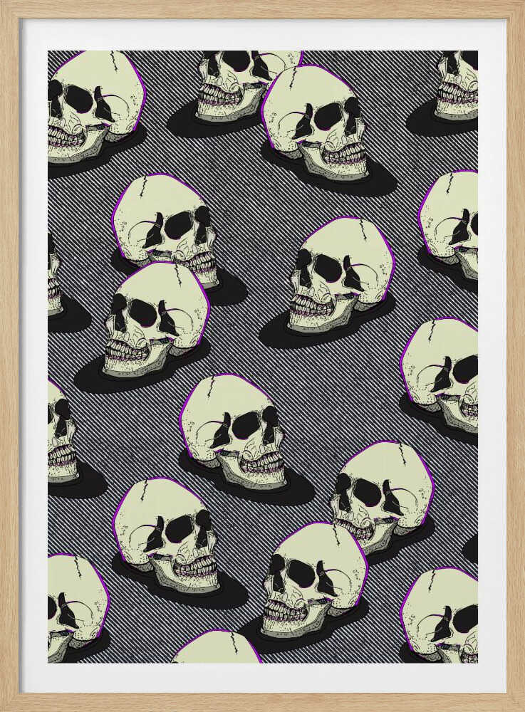 A graphic art print in a black frame featuring a repeating pattern of stylized off-white skulls. The skulls have a thin purple outline and are set against a background of fine black and white diagonal stripes, creating a pop art or comic book effect. Wall Art