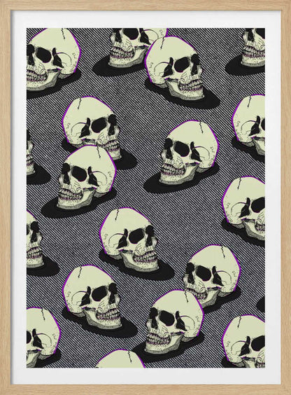 A graphic art print in a black frame featuring a repeating pattern of stylized off-white skulls. The skulls have a thin purple outline and are set against a background of fine black and white diagonal stripes, creating a pop art or comic book effect. Wall Art