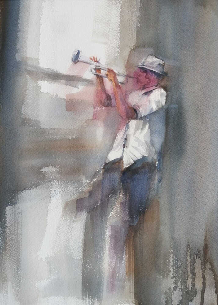 An art print depicting a musician skillfully playing a trumpet. Decor