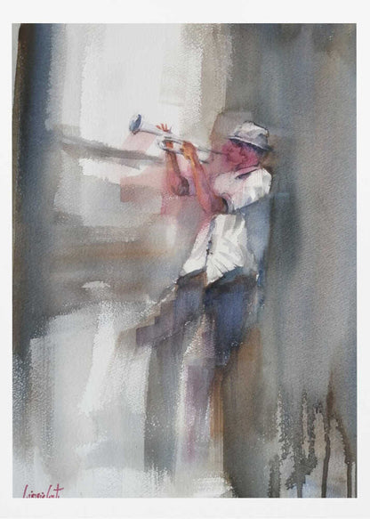 An art print depicting a musician skillfully playing a trumpet. Decor