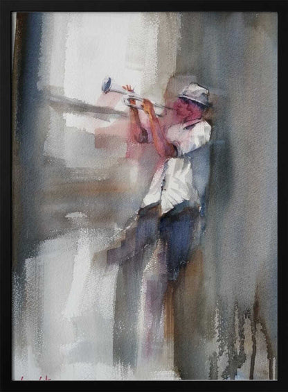 An art print depicting a musician skillfully playing a trumpet. Decor
