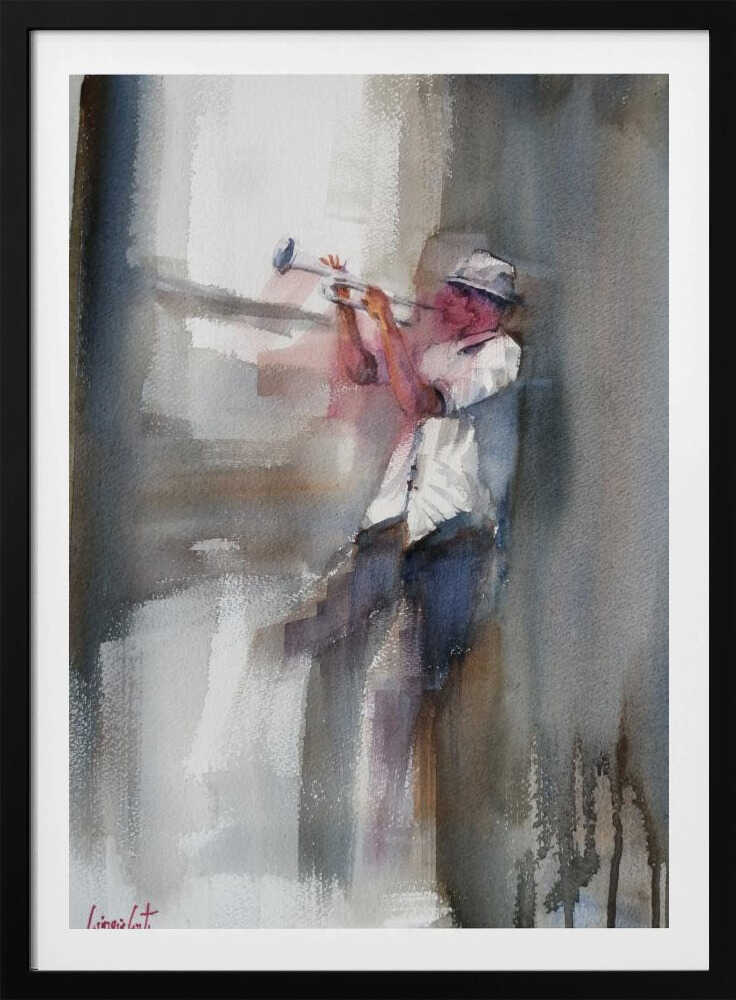 An art print depicting a musician skillfully playing a trumpet. Decor