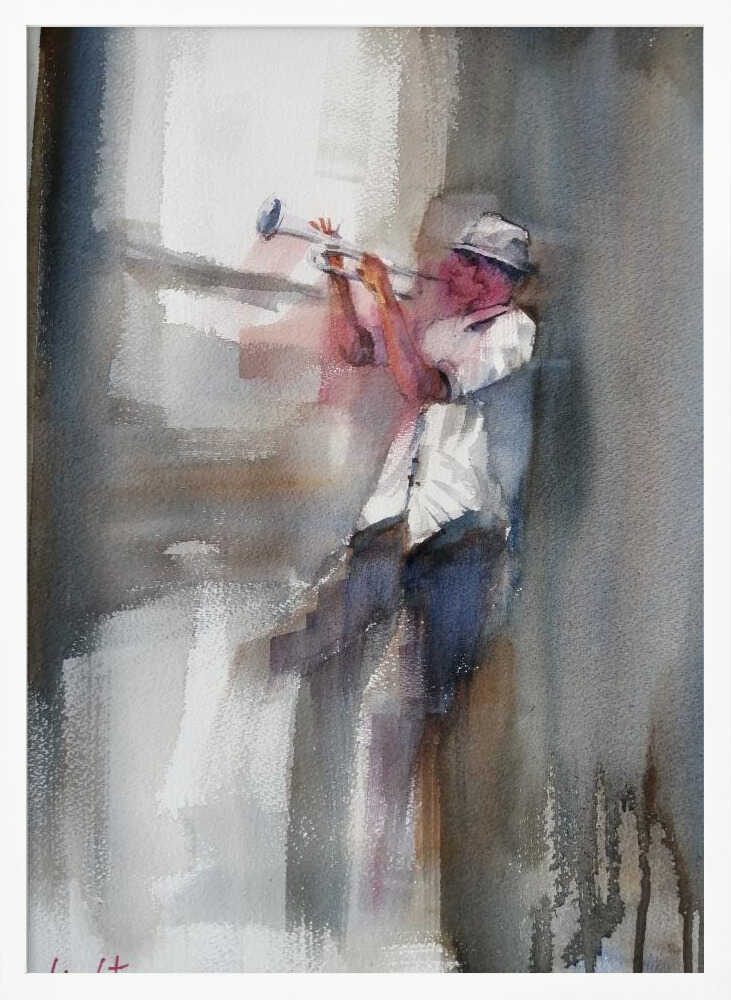 An art print depicting a musician skillfully playing a trumpet. Decor