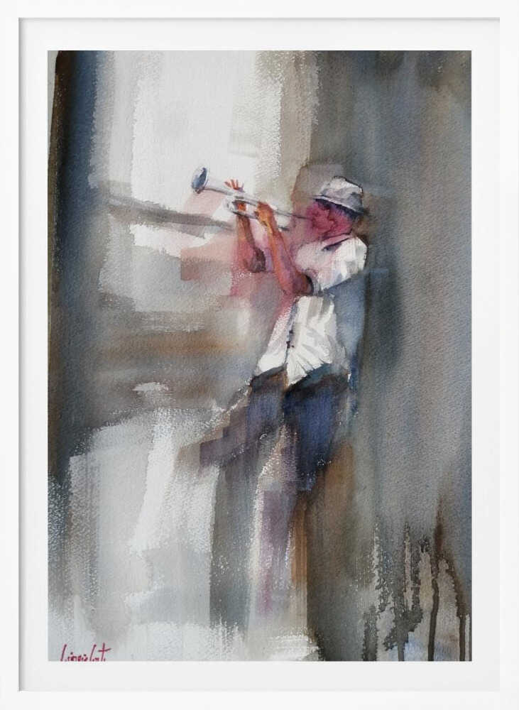 An art print depicting a musician skillfully playing a trumpet. Decor