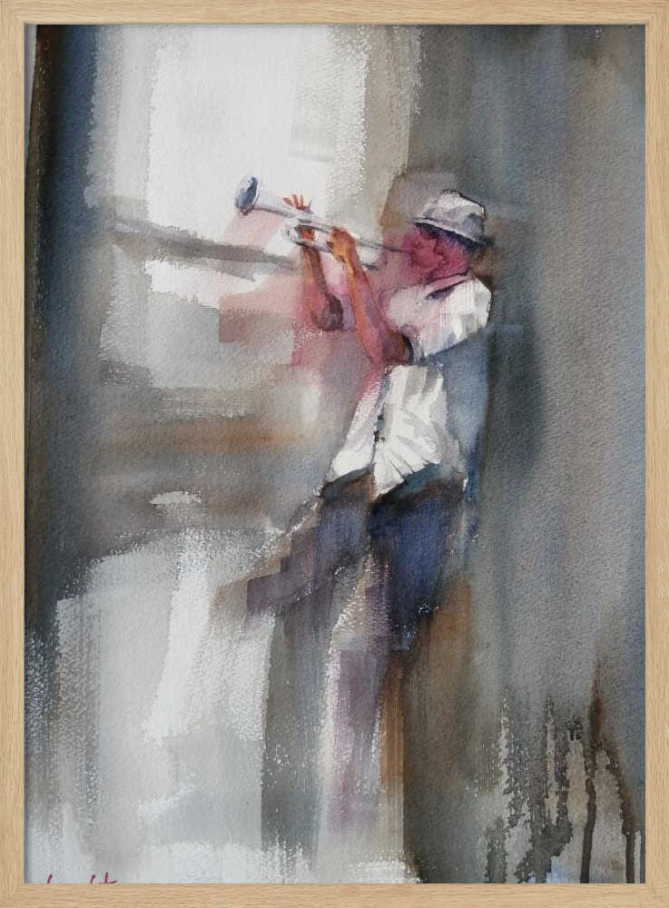 An art print depicting a musician skillfully playing a trumpet. Decor