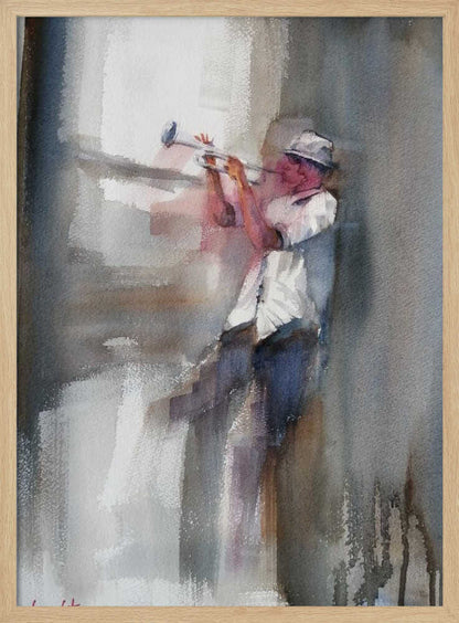 An art print depicting a musician skillfully playing a trumpet. Decor