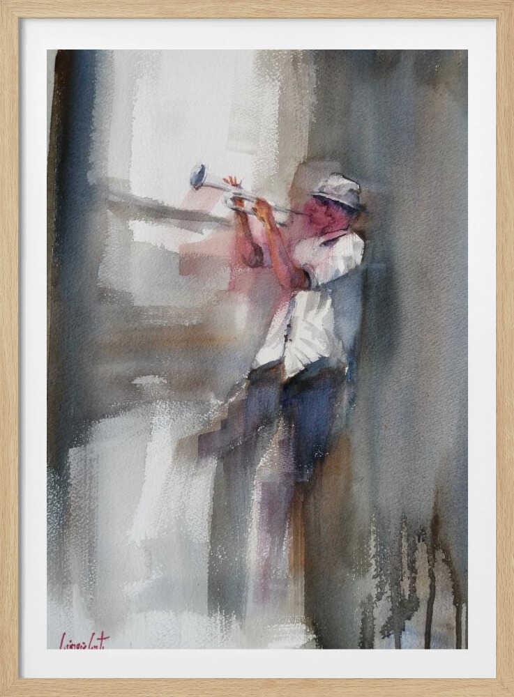 An art print depicting a musician skillfully playing a trumpet. Decor