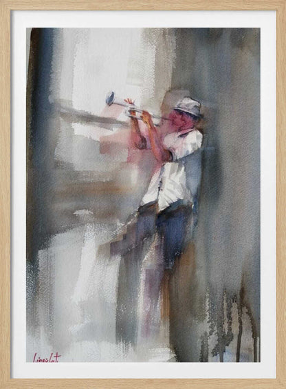 An art print depicting a musician skillfully playing a trumpet. Decor