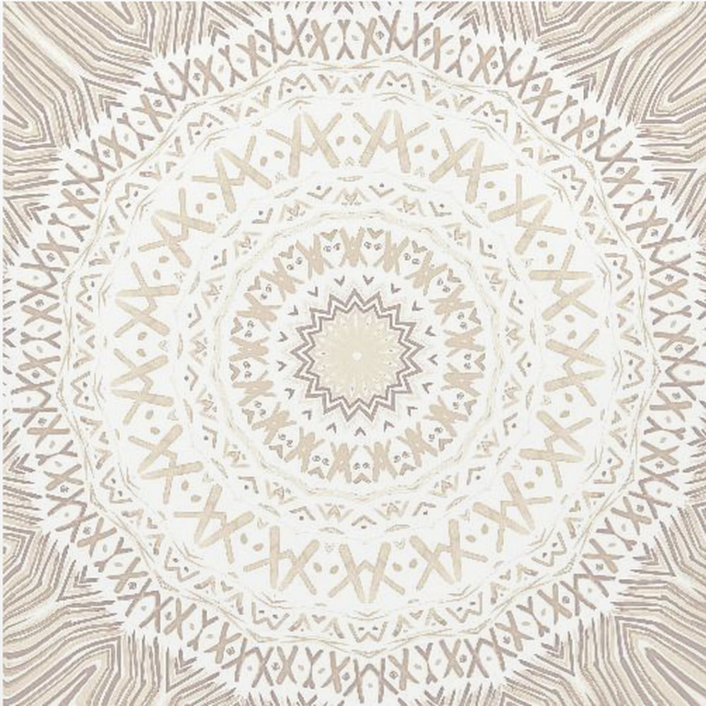 A framed square artwork featuring a detailed mandala design in neutral tones. The intricate pattern consists of concentric circles with geometric shapes like 'X's and chevrons, rendered in shades of beige and taupe on a white background, all enclosed in a light-colored wooden frame. Decor